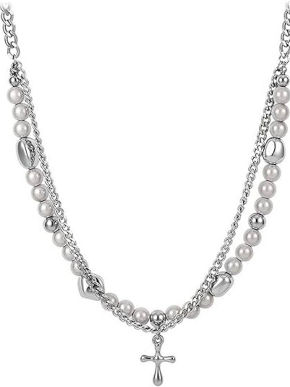 Silver Cross‎ with Pearls Layered Necklace Boho Statement Piece